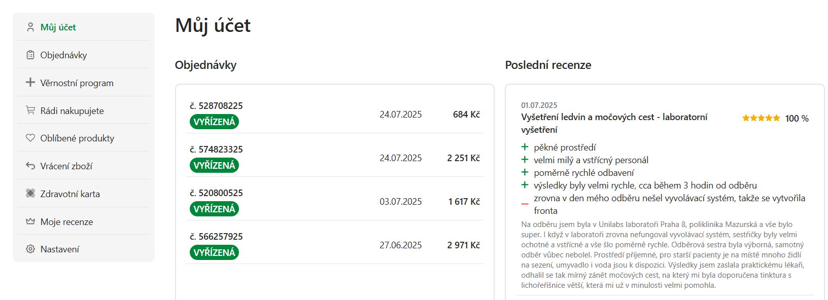 ukázka osobního účtu