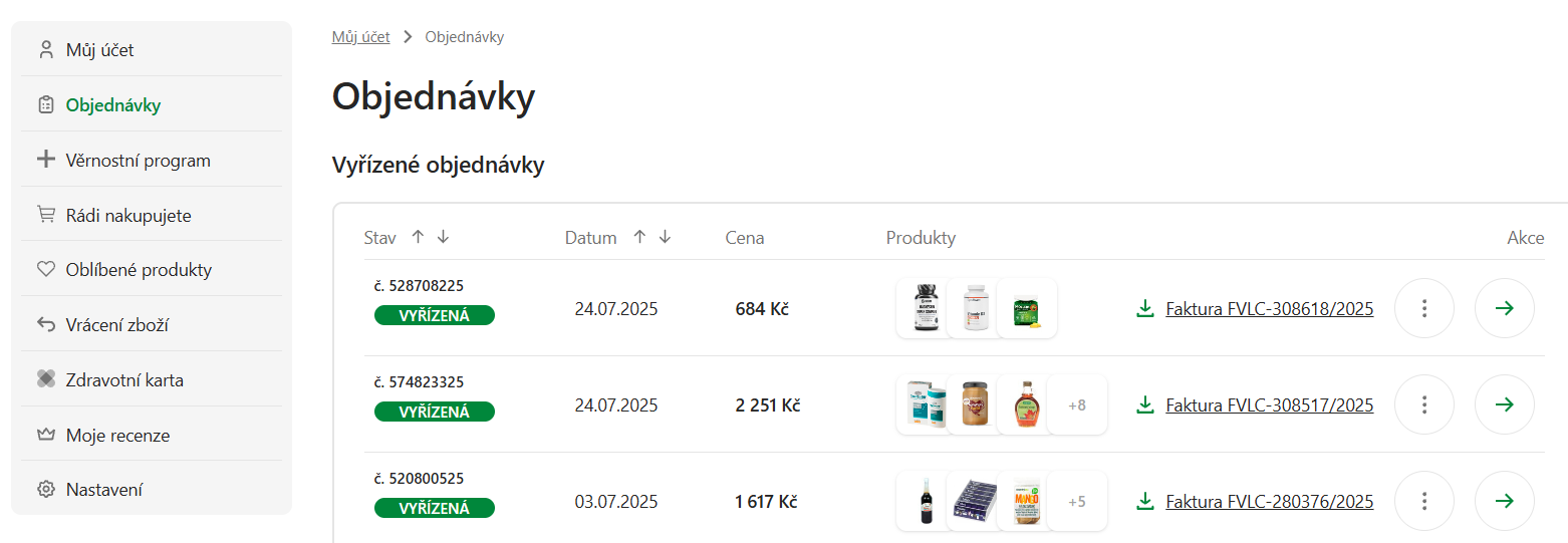 seznam objednávek v osobním účtu