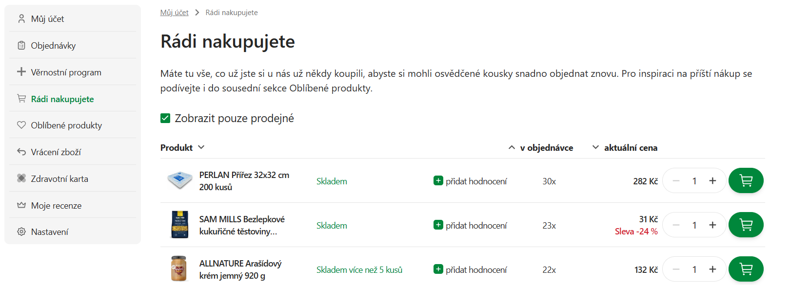 seznam oblíbených položek v osobním účtu