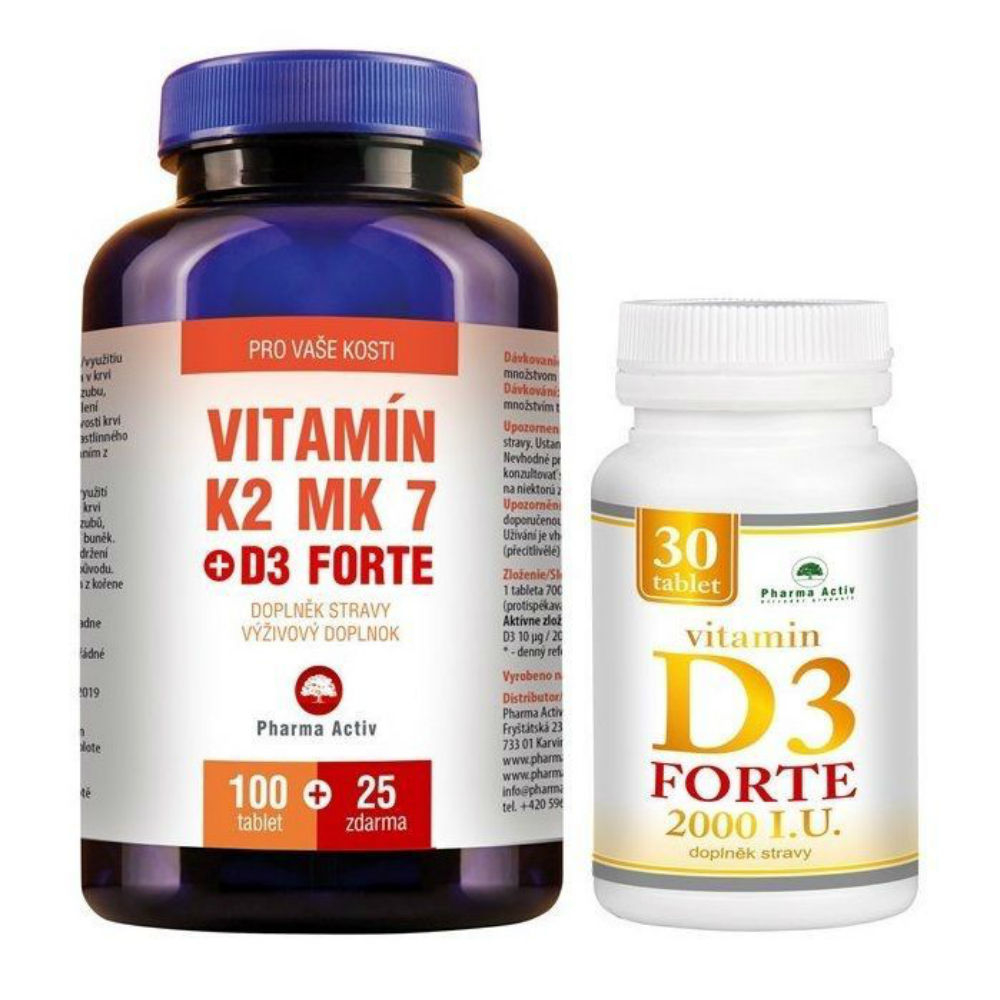 Obrázek PHARMA ACTIV Vitamín K2 MK7+D3 Forte 125 tablet a Vitamín D3 Forte 2000 I.U. 30 tablet